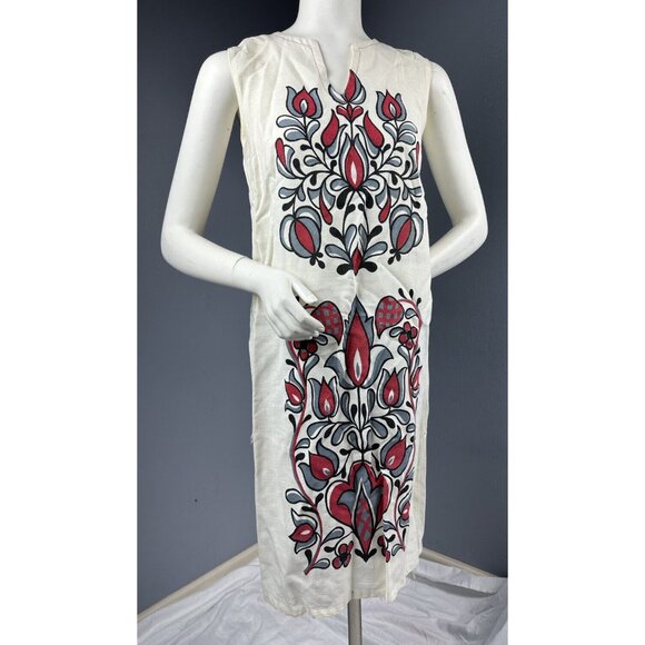 Vtg Royal Miss Fashion Rayon Floral Shift Dress Cream Red Gray Pullover Sz 13-14 - Picture 2 of 16